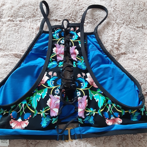 NWT Nanette Lepore black floral pattern swim halter top with lace up back - Picture 2 of 3